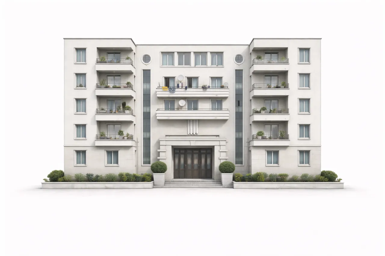Immeuble d'habitation de cinq niveaux avec balcons, dessiné en façade