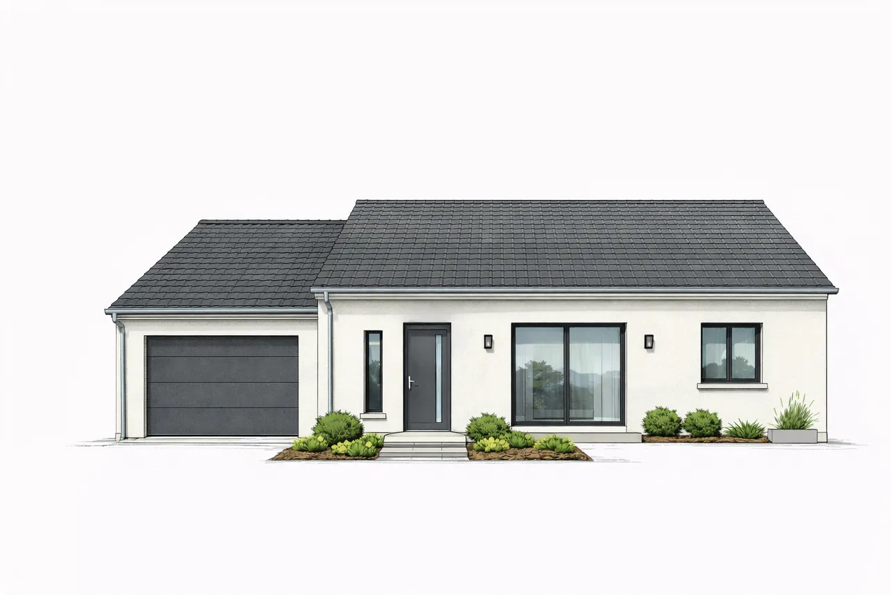 Maison individuelle blanche de plain-pied avec garage, dessinée en façade