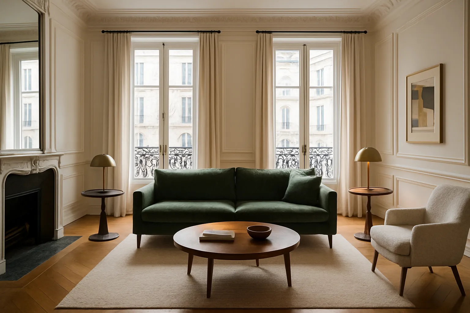 Salon lumineux d'un appartement ancien, canapé vert et cheminée