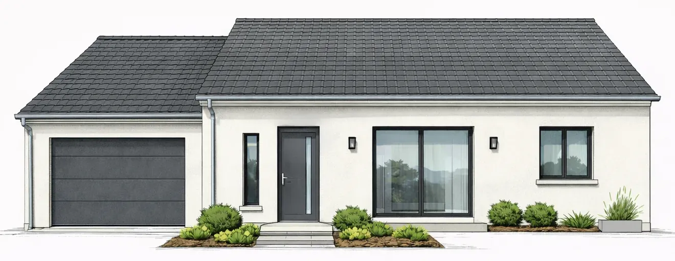 Maison individuelle avec garage : les paramètres de la fiche d'évaluation y sont repérés par des points numérotés