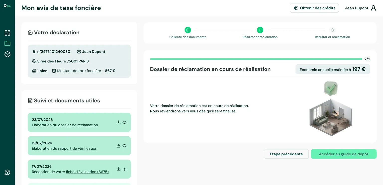 Espace client Orka.tax : dossier de réclamation en préparation