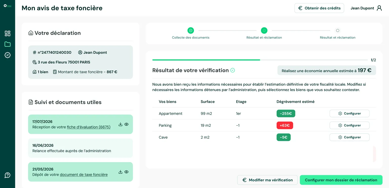 Espace client Orka.tax : fiche d'évaluation reçue et résultat de l'analyse, bien par bien