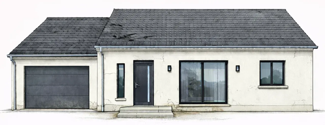 La même maison aujourd'hui : façade défraîchie, toiture usée